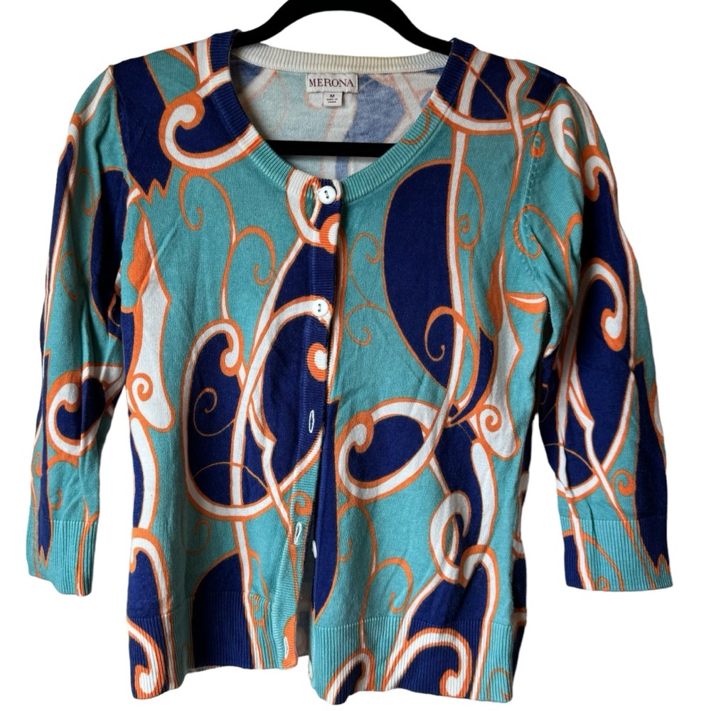 Merona | Blue, Orange & Teal | 3/4 Sleeve Button-Up Cardigan | SZ Medium